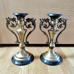 Vintage Candle Stick Holder W/ Dragon Shaped Handles (Pair)